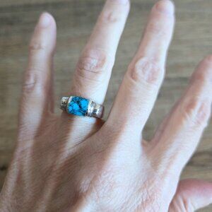 Sterling silver ring thick band with Turquoise gemstone. Native design.